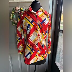 Vintage 70s Mark colorful printed button down long sleeve blouse, size medium